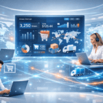 Dropshipping virtual assistant team working remotely on e-commerce operations with global network connections