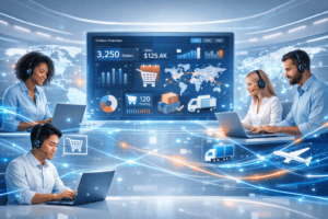 Dropshipping virtual assistant team working remotely on e-commerce operations with global network connections