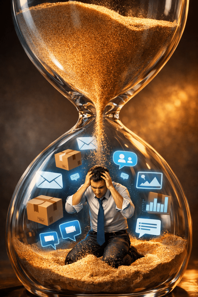 Strategic scaling: the comprehensive guide to virtual assistants in the dropshipping ecosystem (2026 edition) ๐ 3 Stressed entrepreneur trapped in hourglass representing dropshipping operational bottleneck without virtual assistant