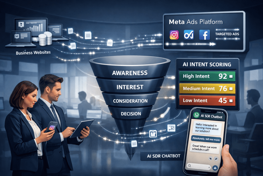 B2b marketing workflow showing facebook ads with intent scoring from 6sense ai sdr chatbots and account-based targeting for 2026