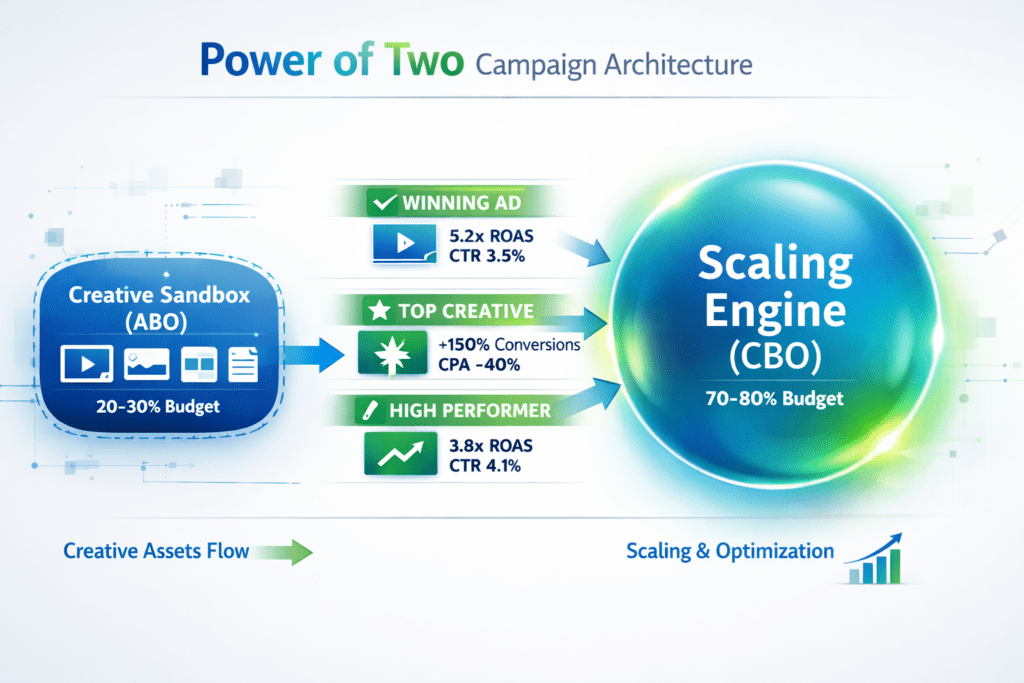 Optimal facebook ads account structure for 2026 showing power of two strategy with 70-80 percent scaling campaign and 20-30 percent testing sandbox