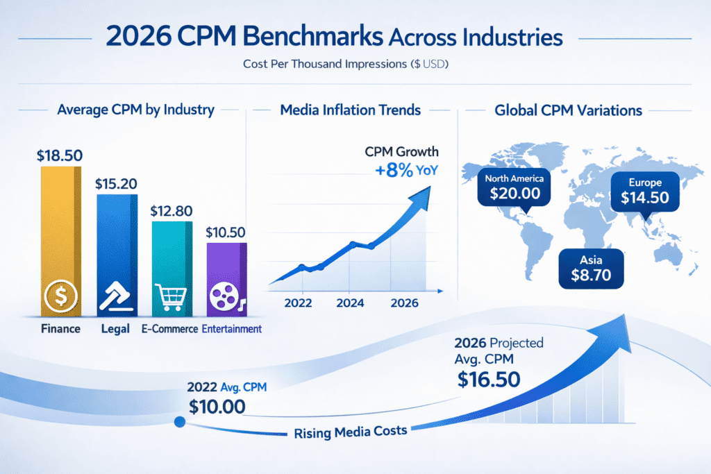 Facebook advertising cpm benchmarks for 2026 showing industry costs from finance legal e-commerce entertainment with inflation trends