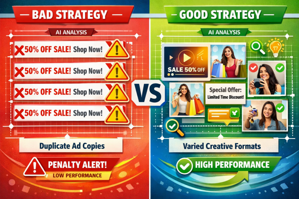 Comparison showing facebook ads creative similarity penalty with bad repetitive strategy versus good diverse creative formats for 2026 success