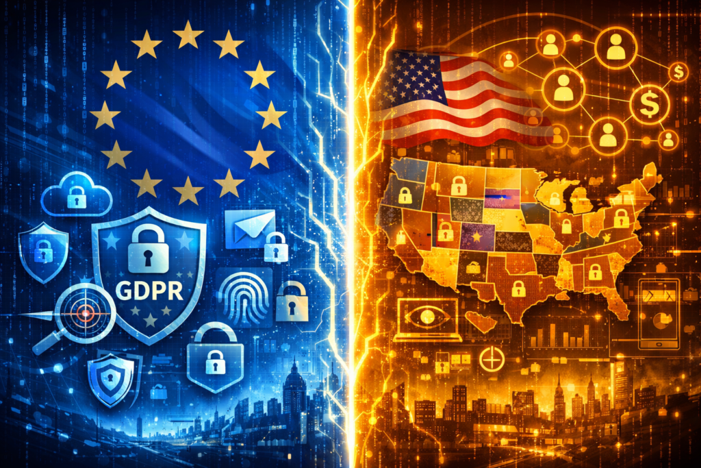Global advertising splinternet showing eu dma pay or consent model versus us behavioral targeting for facebook meta ads in 2026