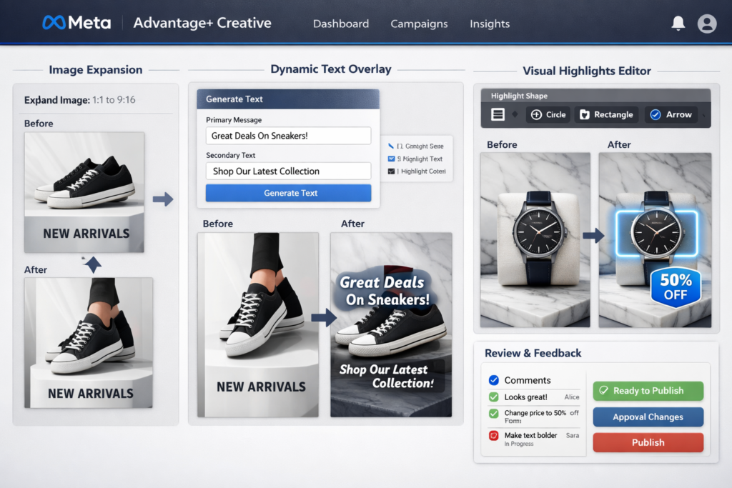 Advantage plus creative suite showing automated image expansion dynamic text overlays and visual highlights for facebook ads optimization 2026