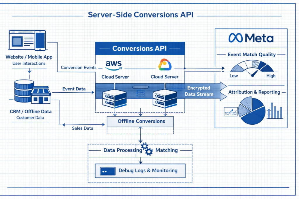 Meta conversions api capi server-side infrastructure showing data flow from website to cloud servers for facebook ads measurement 2026