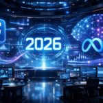 Futuristic digital advertising dashboard showing Facebook Meta ads updates for 2026 with AI neural networks and algorithmic data visualization