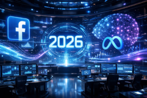 Futuristic digital advertising dashboard showing facebook meta ads updates for 2026 with ai neural networks and algorithmic data visualization